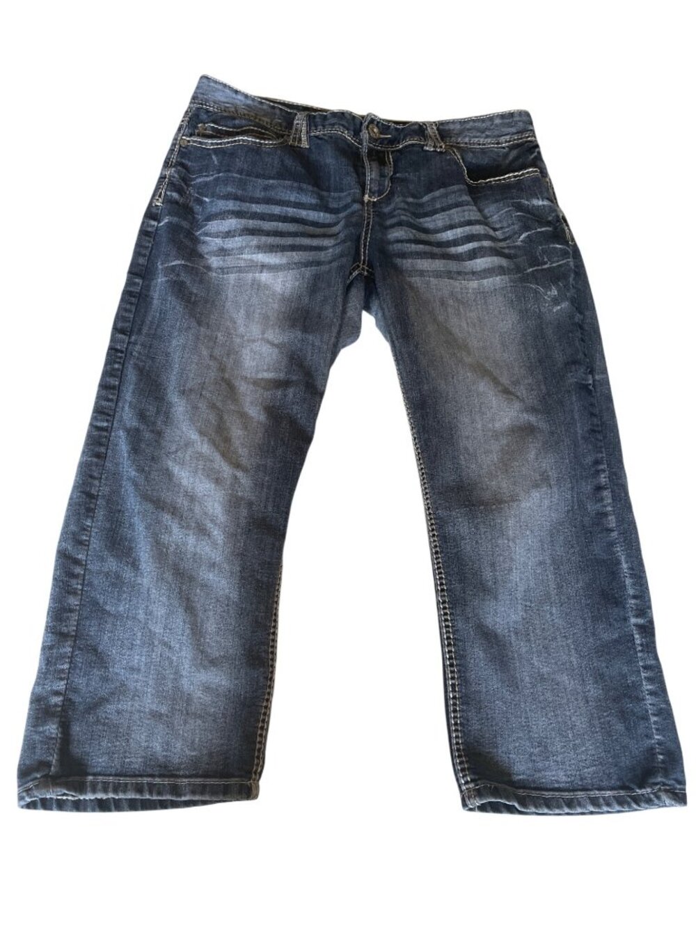 Bootcut Jeans Size 11/12 Blue Blend Flap Pocket Thick Stitch Womens Distressed